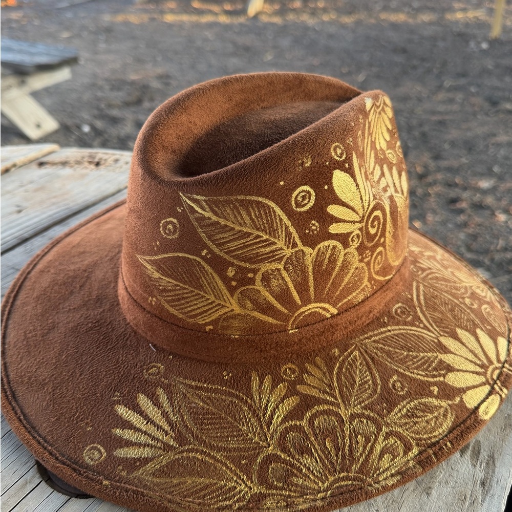 Brown Felt Floral Hand-Painted Wide Brim Hat